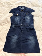 Women's Denim Shirt Dress Blue Short Sleeve Collared Button Front with Pockets