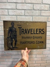 Vintage 1920s Travelers Insurance Hartford Connecticut Brass Advertising Sign