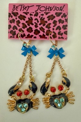 Fabulous Betsey Johnson Large Jeweled Crab Dangle Statement Earrings New Vintage