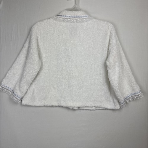Vintage Herbcraft weiße Chenille Bettjacke Medium Spitze & blaues Bandborte HERGESTELLT IN DEN USA - Bild 2 von 14