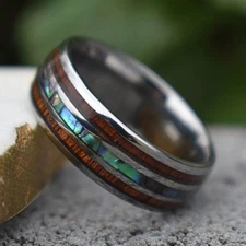 Silver Tungsten Abalone Hawaiian Koa Wood Inlay Engagement Wedding Band Ring 11