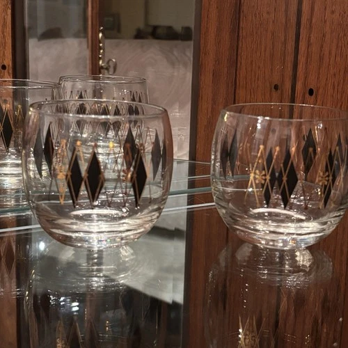 Vintage Federal Glass MCM Gold Black Harlequin Roly Poly Atomic Set 2 Barware