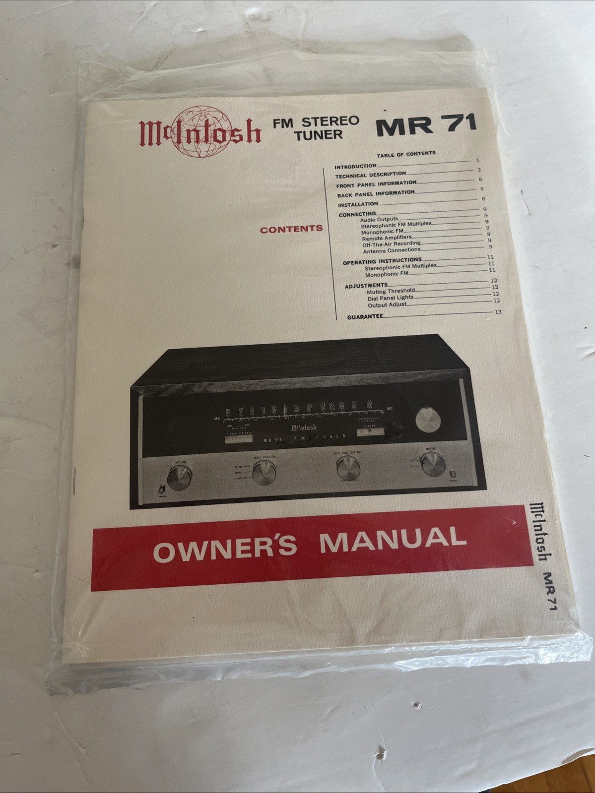 McIntosh Model MR 71 Tuner, Owner’s Manual, Service Infor and Related Materials