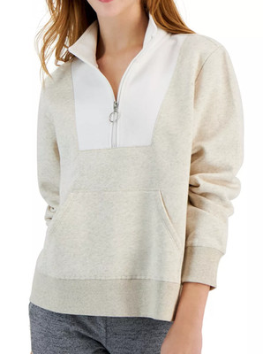ID IDEOLOGY Women's Colorblocked Quarter-Zip Sweatshirt Petite Size S Beige