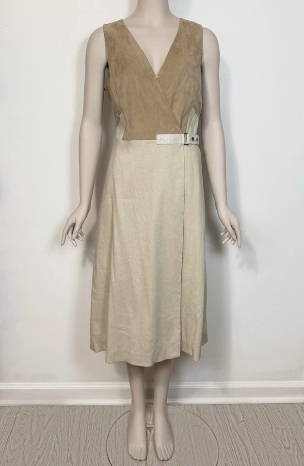 Vestido Combo Envolvente de Cuero Lafayette 148 Línea A con Hebilla Beige Mezcla de Lino talla 10 Foto 2 de 4