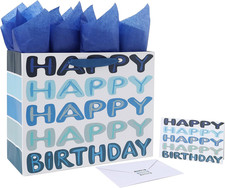 13'' Large Blue Happy Birthday Gift Bag Set with Handles, Greeting Card, Tissue