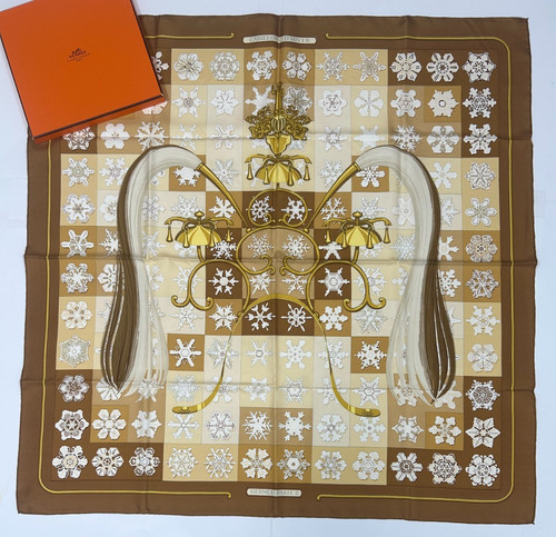 Auth HERMES SCARF RARE 'Carillons d'Hiver' Christiane Vauzelles CARRE