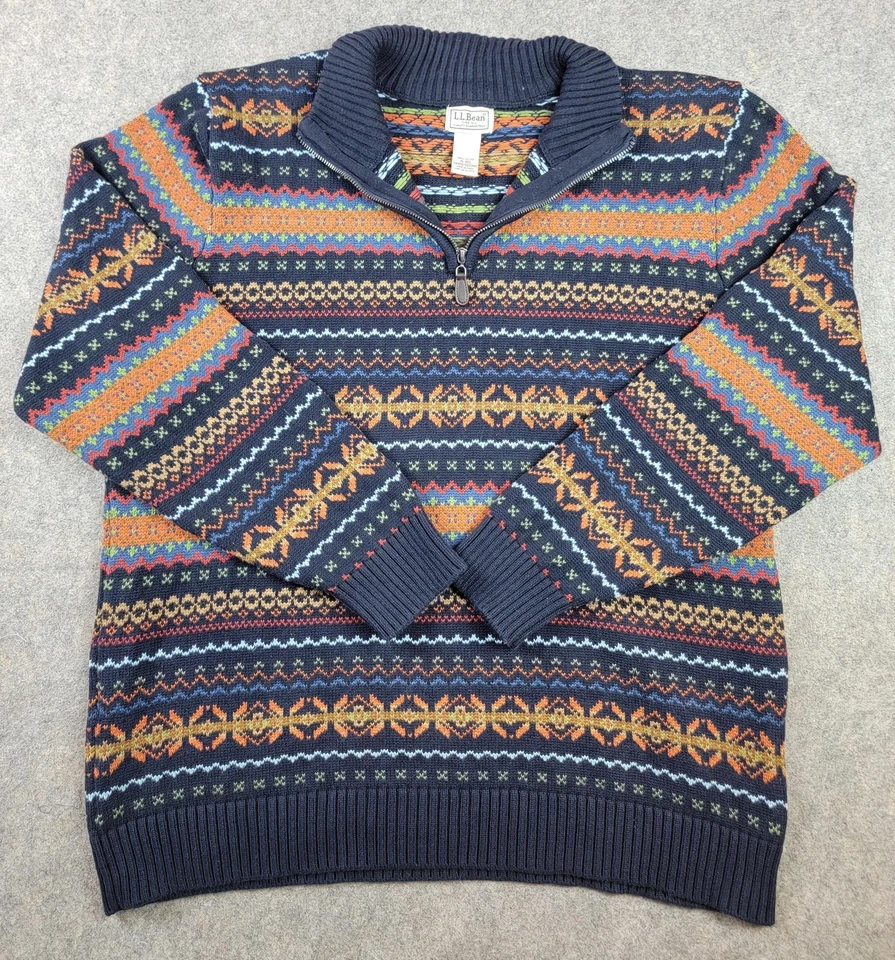 L.L.Bean Sweater Mens XL Navy Fair Isle Quarter Zip Mock Neck Pullover Knit - Image 2 of 4