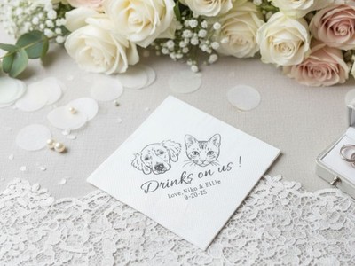 Personalized Wedding Cocktail Napkins with Pet Portrait Custom 50-200 Pack