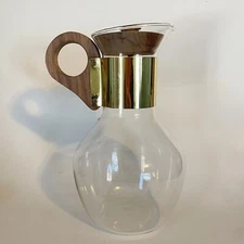 Vintage MCM Glass Heat Proof Carafe Pitcher w/ Lid Wood Handle
