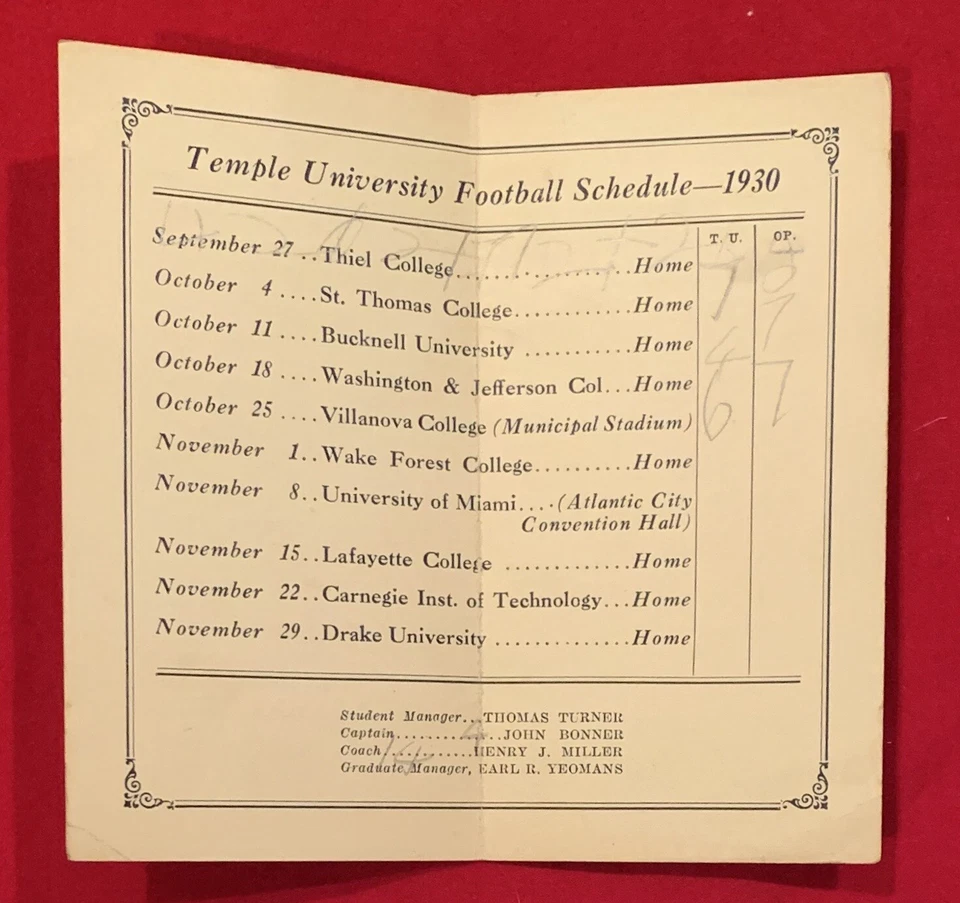 Antiguo calendario de bolsillo de fútbol americano de la Universidad de Temple 1930 de principios de la década de 1930 Filadelfia Foto 3 de 3