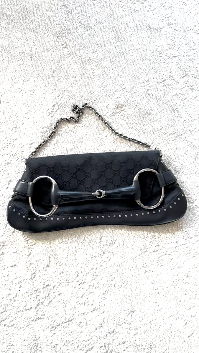 Authentic Gucci Black Canvas Studded Horsebit Chain Clutch Bag. | eBay