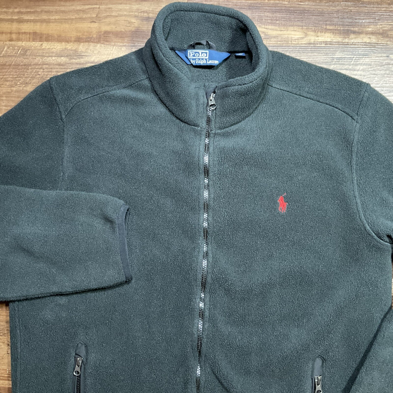 Giacca Vintage Polo Ralph Lauren Uomo Tg L Pile Nero Full Zip Rosso Pony