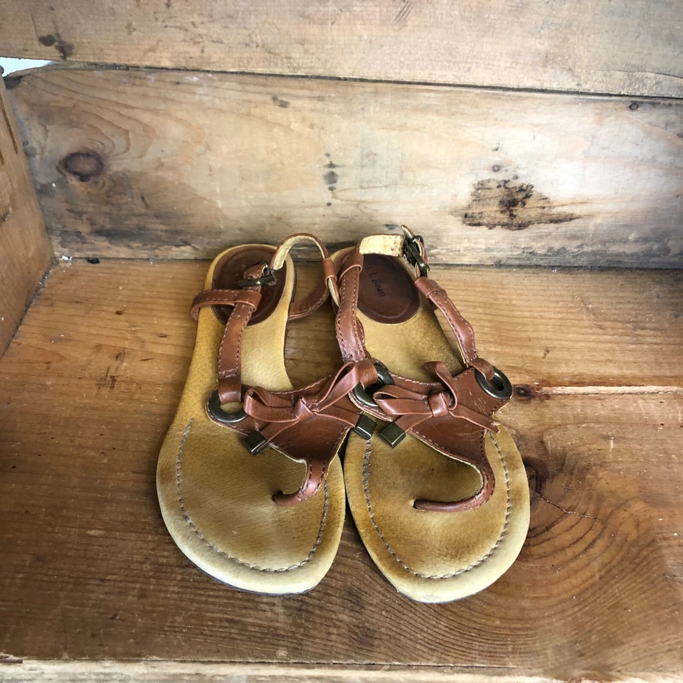 LL Bean женщин размер 7 M сандалии коричневый кожаный стринги на танкетке слинга туфли - Изображение 4 из 4