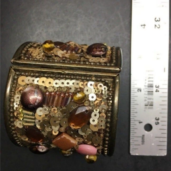 铰边袖口手链 As Is 紫色粉色棕色青铜亮片 MOP 水钻 BoHo — 第 4/4 张图片