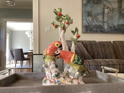 Large Porcelain Pair of Parrots Statue In Cherry Tree Chelsea House Italy Vntg
