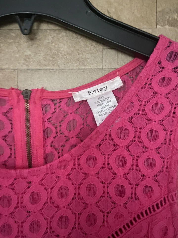 Esley ~ Misses Sz Small ~ Bright Pink Lace Overlay A-Line Dress ~ Above Knee (J) - Image 3 of 4