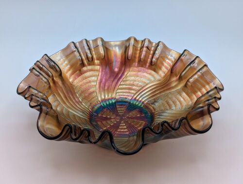 FENTON Ribbon Tie Crimped Amethyest Carnival Glass Bowl 8.75" Pre 1970 - Picture 8 of 13