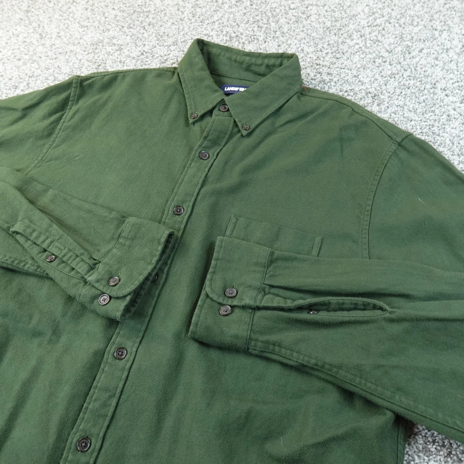 Lands End Shirt Mens LT Green Chamois Flannel Button Up Long Sleeve Work Outdoor