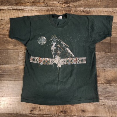 Vintage 90s Wolf Native American T Shirt Sz XL Moon Howling Single Stitch USA 