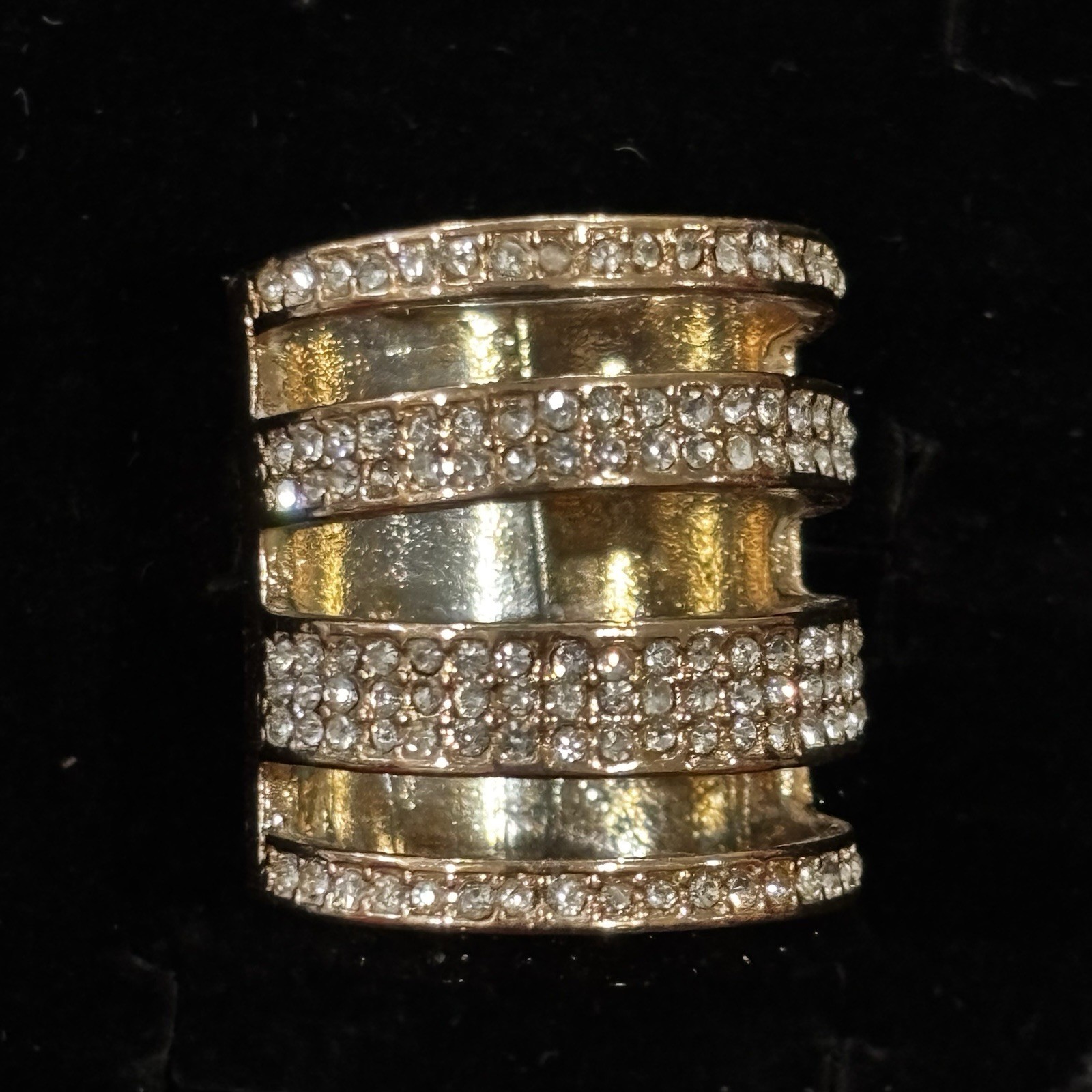 Gold Tone Multi Row Rhinestone Statement Ring Wid… - image 1