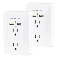 2-Outlet 2-USB Port Grounded Wall Tap, 2 Pack