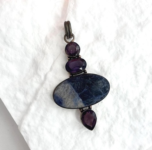 Sodalite & Amethyst Gemstone Vintage Gemstone Jumbo Silver Toned Pendant