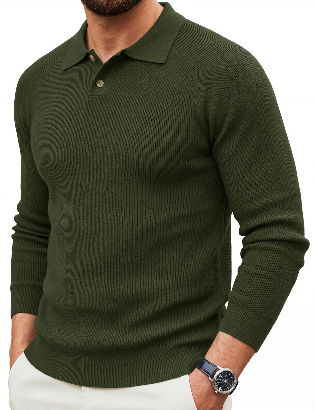 Mens Long Sleeve Knit Polo Shirts Casual Raglan Sleeve Sweater Golf Shirts Polo 8890₽