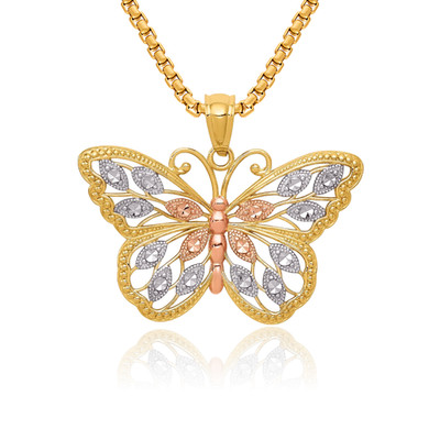 14K Solid Two Tone Gold Rose Butterfly Necklace