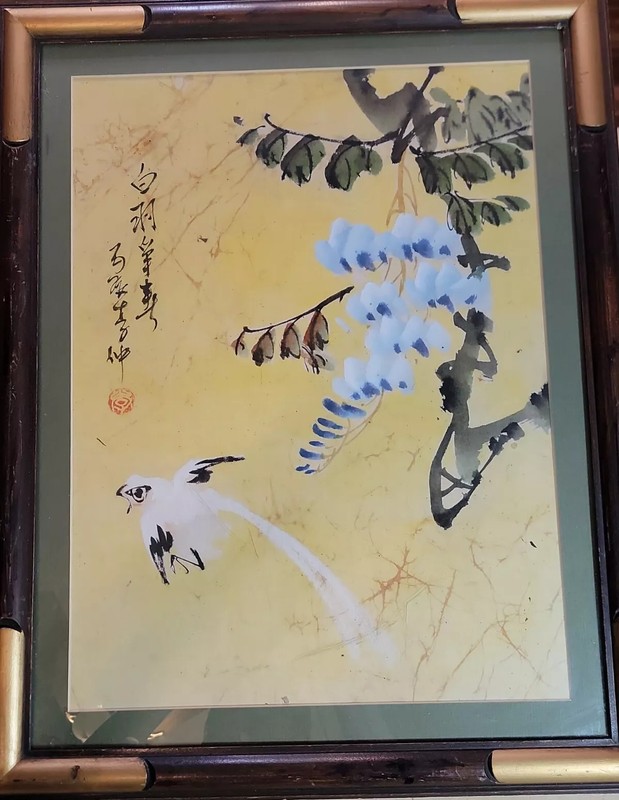    26 x 20 Antique Yellow  Silk  Asian  Painting  FRAMED & SIGNED. 