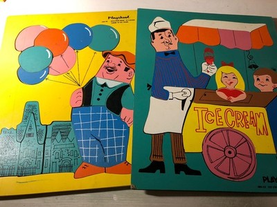2 Vintage Wooden Playskool Puzzles: Ice Cream Man 360-23 / Balloon Man 360-18