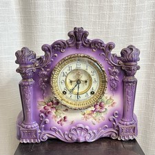 ANTIQUE Ansonia Purple & Floral W/ Gold Trim PORCELAIN MANTLE CLOCK