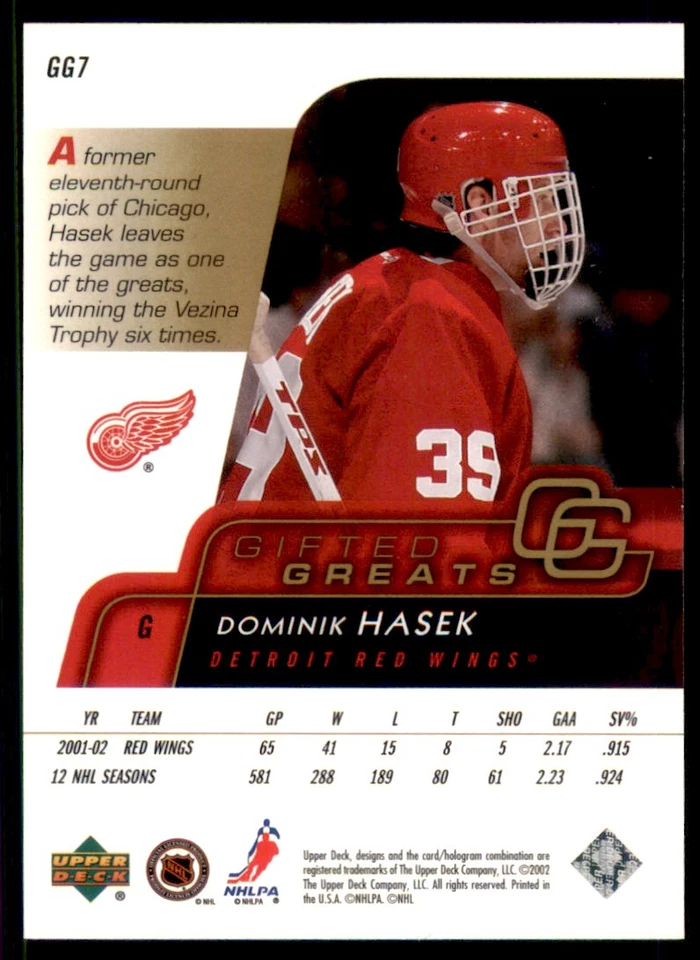 2002-03 Upper Deck Gifted Greats #GG7 Dominik Hasek Detroit Red Wings - Image 2 of 2