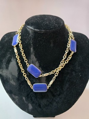 Ann Taylor Blue Statement Necklace Gold Tone Chain Rhinestone Accents