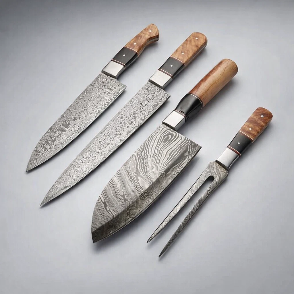 custom Damascus Steel Kitchen Knive Set 5PC Razor Sharp Chef Knives Wood Handle