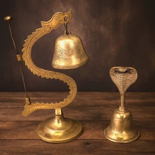 VTG Brass Dragon Gong & Cobra Snake Bell Asian Temple Ritual Buddhist Serpent