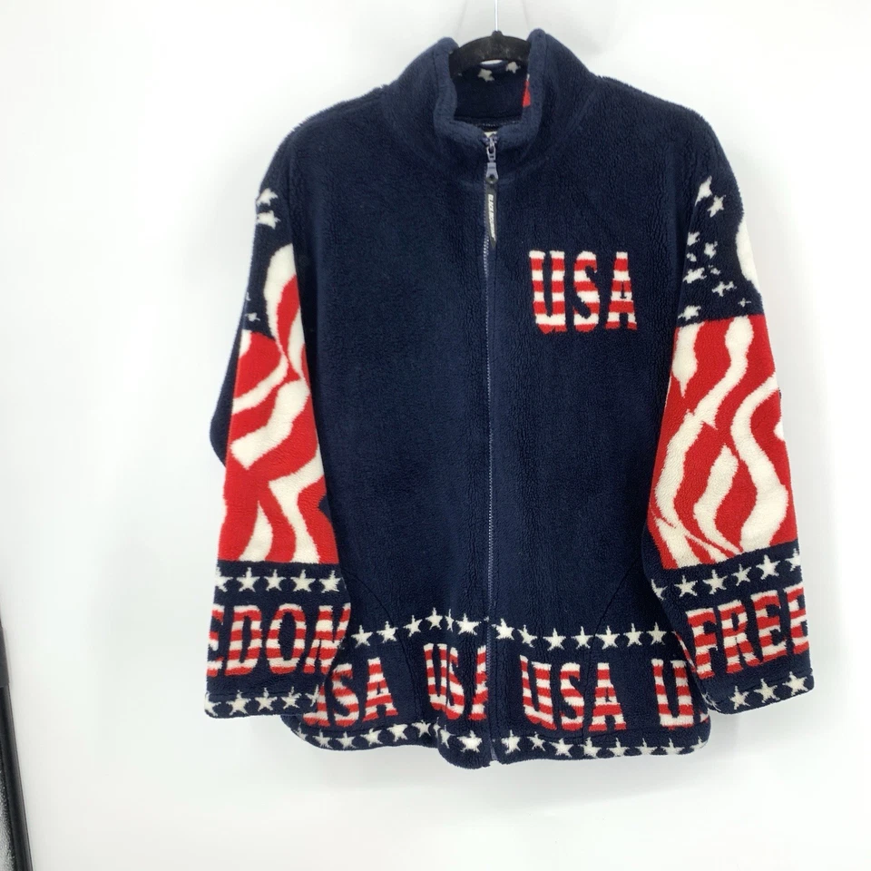Black Mountain Vintage Size Medium Jacket 90s USA Sherpa Fleece Coat Blue Flag - Image 3 of 4
