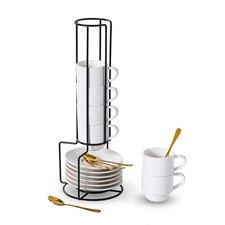 Porcelain Stackable Espresso Cups with Saucers, Spoons and Metal Stand, 3 Oun...