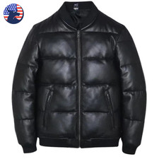 Mens Real Black Lambskin Leather Bomber Puffer Jacket Quilted Down Winter Coat