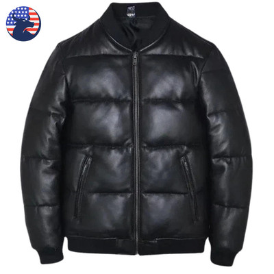 Mens Real Black Lambskin Leather Bomber Puffer Jacket Quilted Down Winter Coat