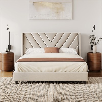 Full/Queen Upholstered Bed Frame with Wing Side Headboard, No Box Spring Needed