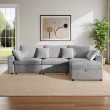 118" L-Shaped Velvet Sectional Sofa w/ Storage Ottoman, Gray