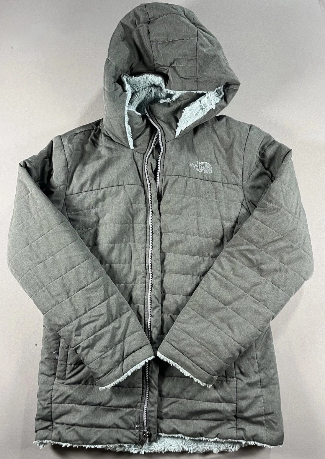 The North Face Girls Hooded Mossbud Insulated Jacket XL (18) Full Zip Up Gray