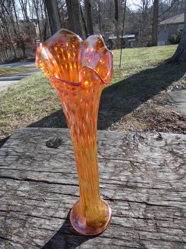 Vintage Fenton Marigold "Rustic"  Carnival Glass Swung Vase 13 3/4" Tall