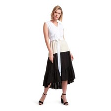 H Halston Linen Color Block Tiered Sleeveless Dress Women’s Sz M Black Tan White