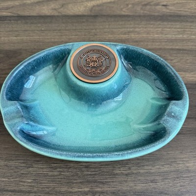 Vintage Roseville Art Pottery Ashtray The Hyde Park MIT Metal Seal 1950 Aqua USA