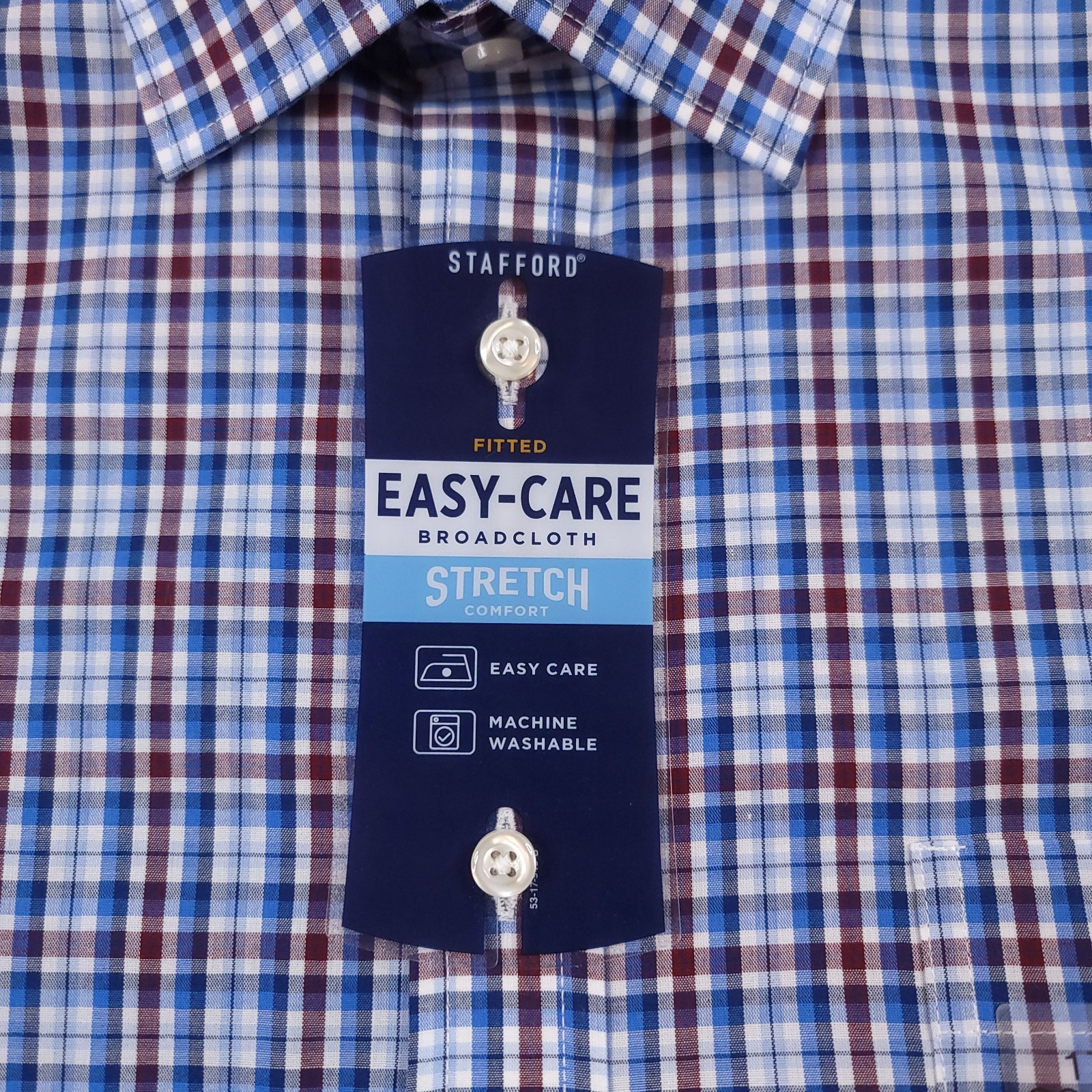 NWT Stafford Men's Travel Fitted Button-Up Shirt Blue Plaid Size 17-32/33