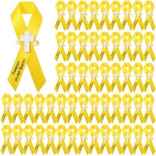 50 PCS Yellow Memorial Funeral Ribbon with Cross Pins Forever in Our Heart