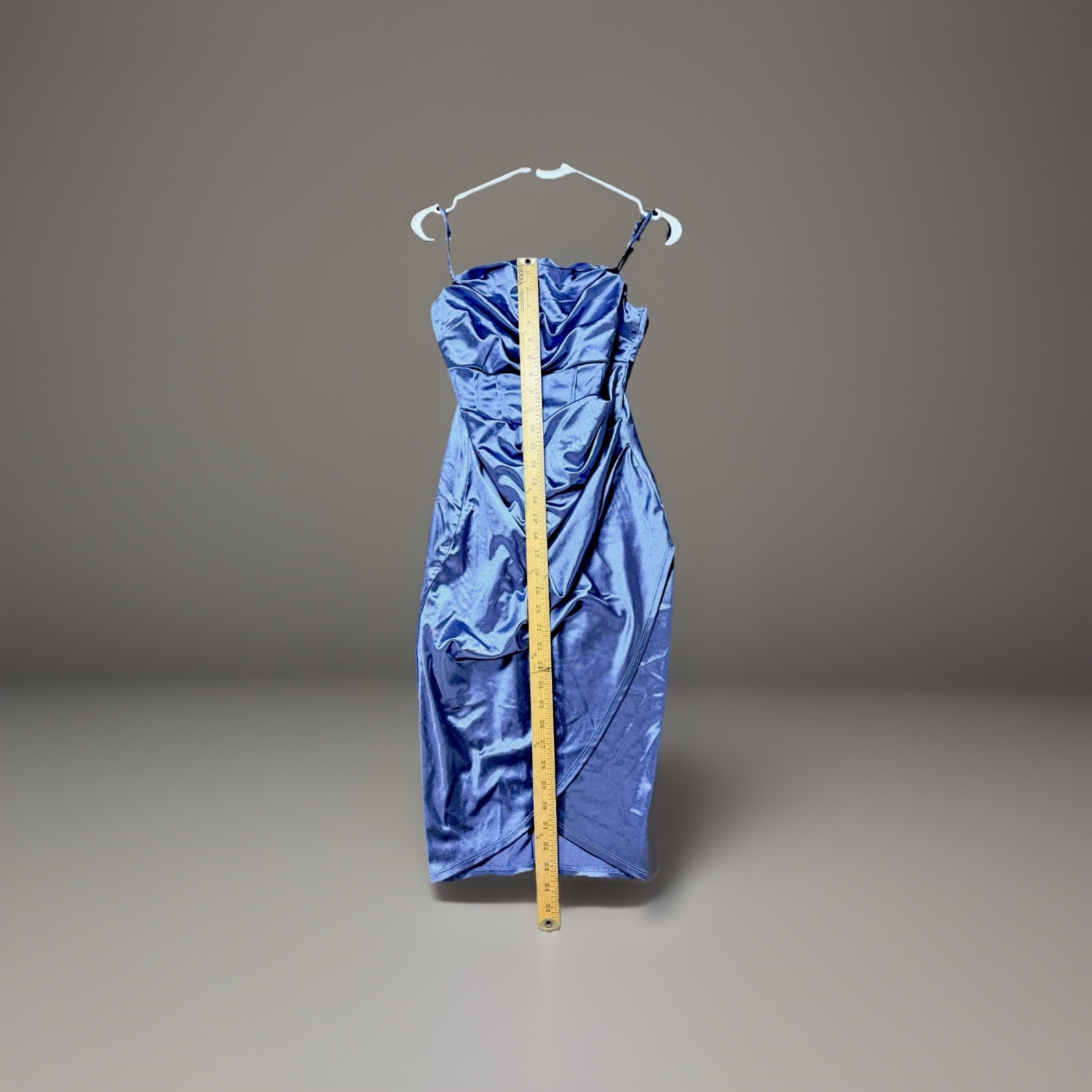 Q USA Blue Satin Ruched Strappy Sheath Midi Dress Sleeveless Size M