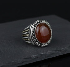 925 Silver Men Silver Red Agate Ring Round Aqeeq Gemstone Ring